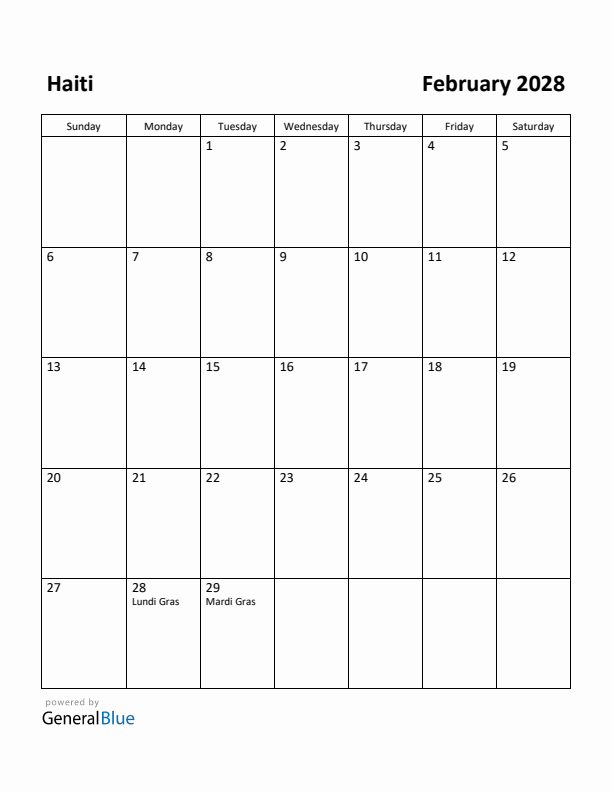 February 2028 Calendar with Haiti Holidays