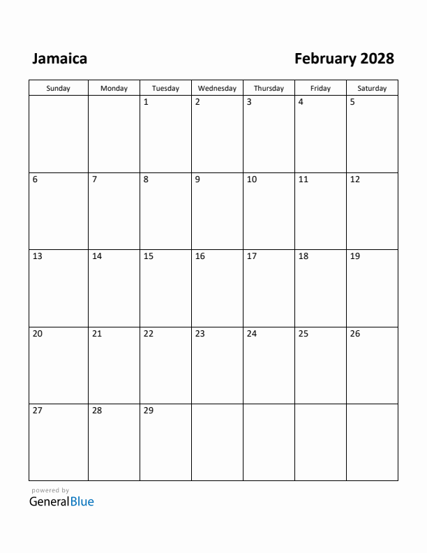 February 2028 Calendar with Jamaica Holidays