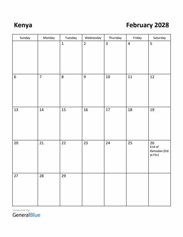 February 2028 Calendar with Kenya Holidays