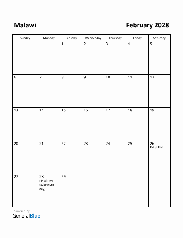 February 2028 Calendar with Malawi Holidays