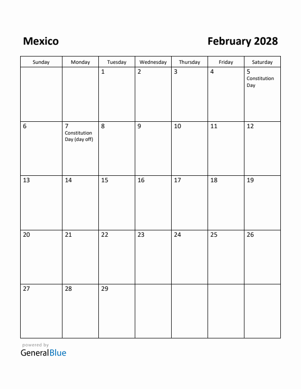 February 2028 Calendar with Mexico Holidays