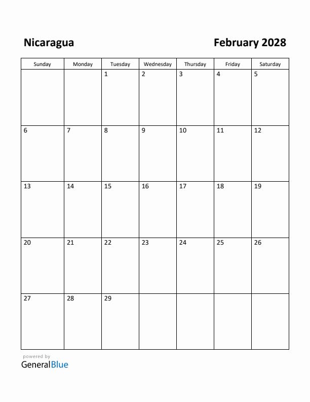 February 2028 Calendar with Nicaragua Holidays