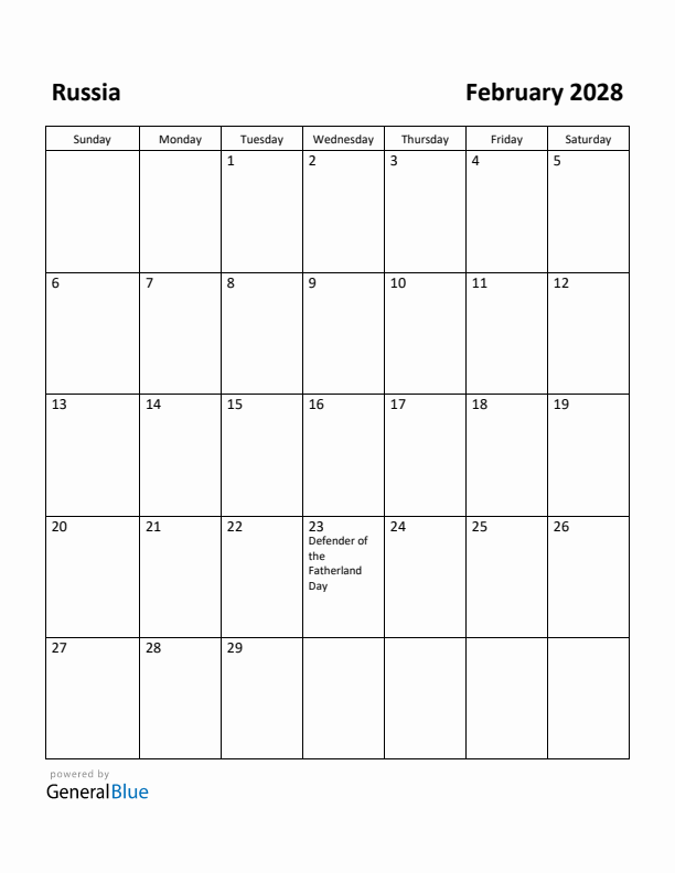 February 2028 Calendar with Russia Holidays