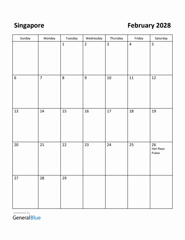 February 2028 Calendar with Singapore Holidays