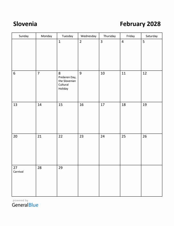 February 2028 Calendar with Slovenia Holidays