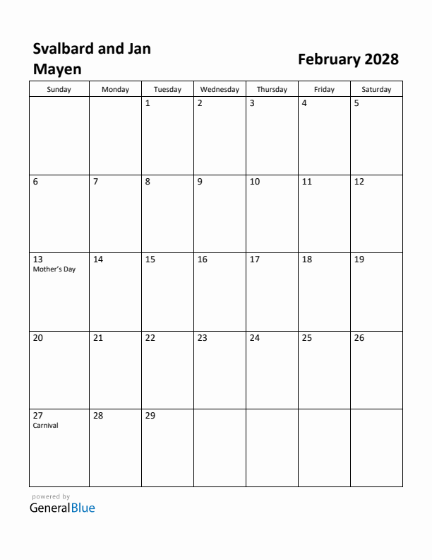 February 2028 Calendar with Svalbard and Jan Mayen Holidays