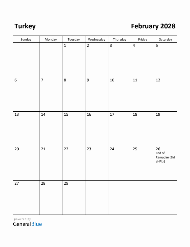 February 2028 Calendar with Turkey Holidays