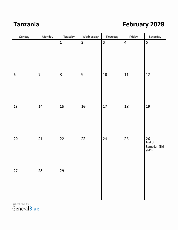 February 2028 Calendar with Tanzania Holidays