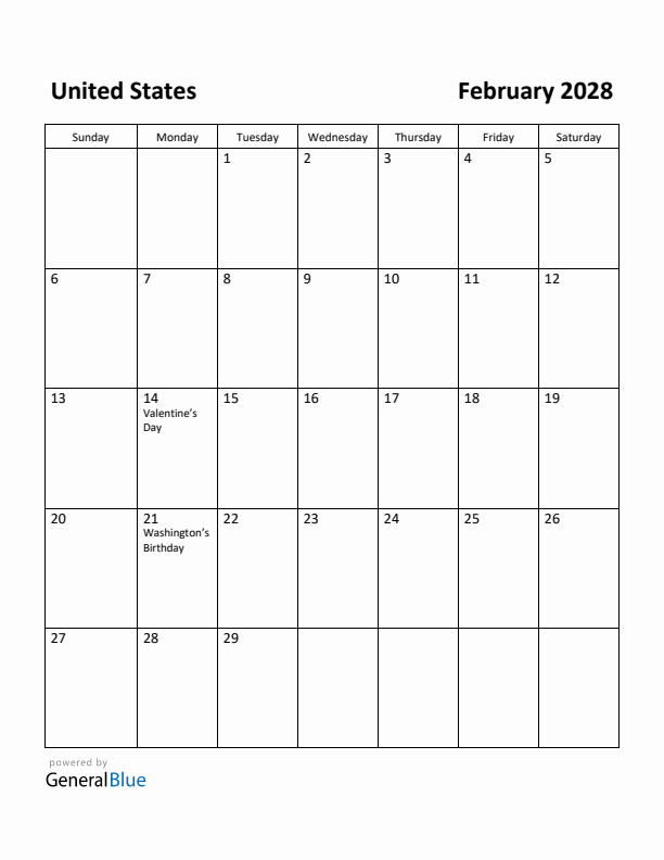 February 2028 Calendar with United States Holidays