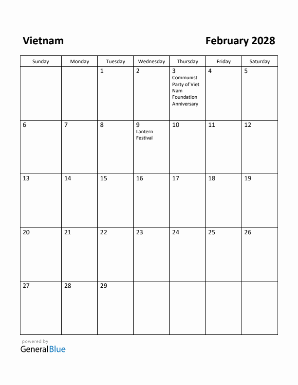 February 2028 Calendar with Vietnam Holidays