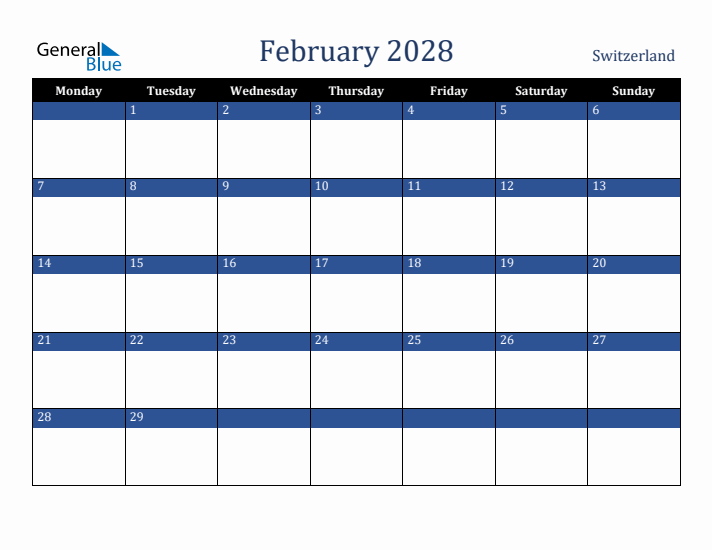 February 2028 Switzerland Calendar (Monday Start)