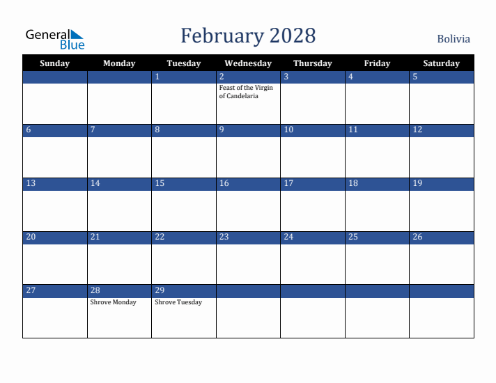 February 2028 Bolivia Calendar (Sunday Start)