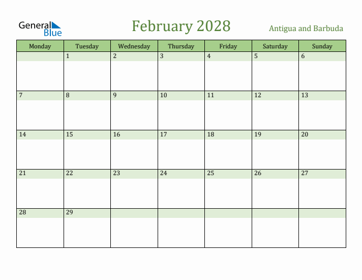 February 2028 Calendar with Antigua and Barbuda Holidays