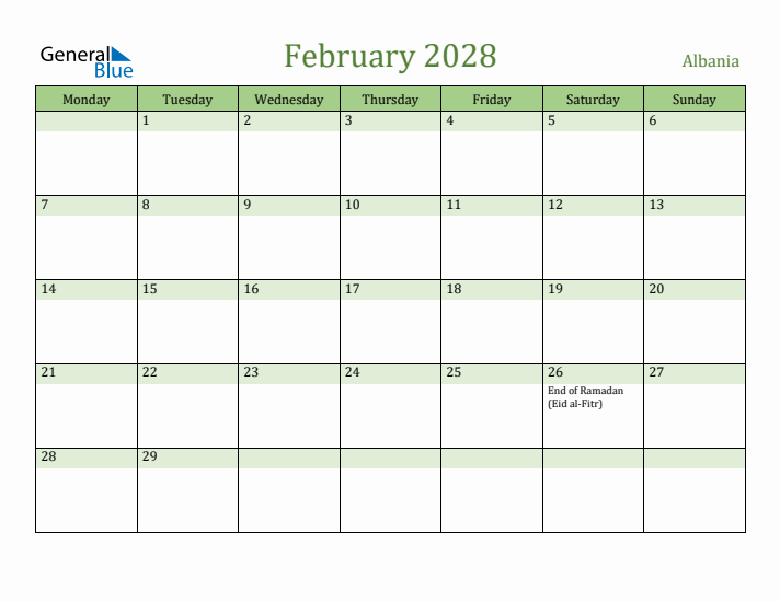 February 2028 Calendar with Albania Holidays