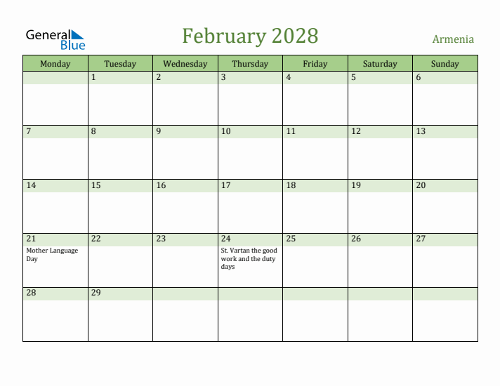 February 2028 Calendar with Armenia Holidays