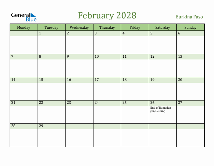 February 2028 Calendar with Burkina Faso Holidays