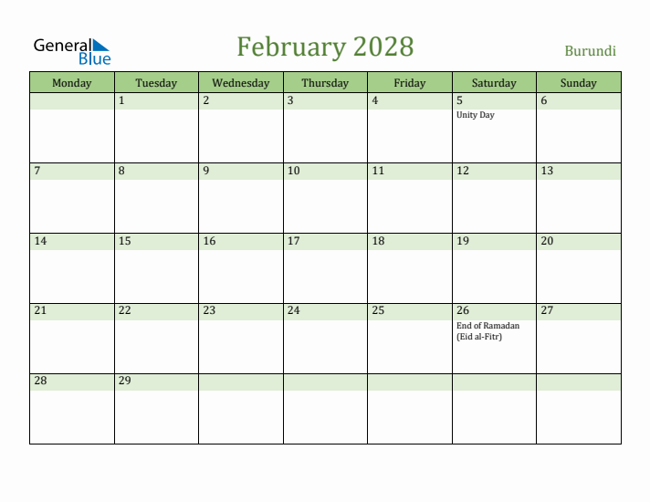 February 2028 Calendar with Burundi Holidays