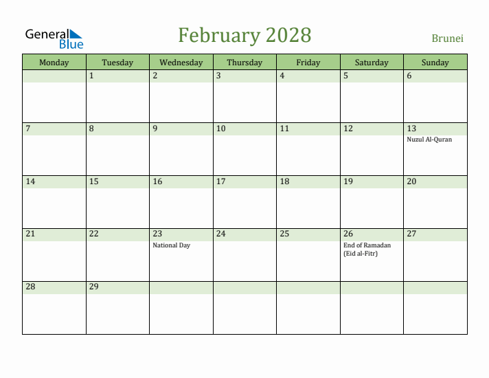 February 2028 Calendar with Brunei Holidays