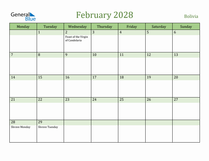 February 2028 Calendar with Bolivia Holidays