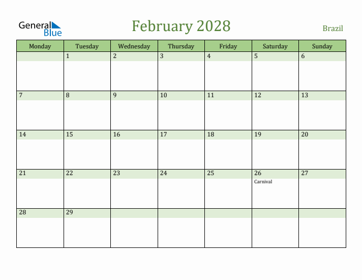 February 2028 Calendar with Brazil Holidays