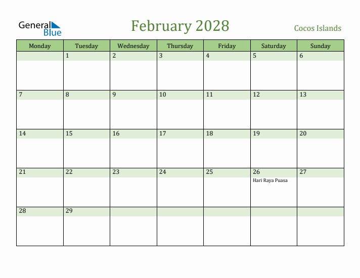 February 2028 Calendar with Cocos Islands Holidays