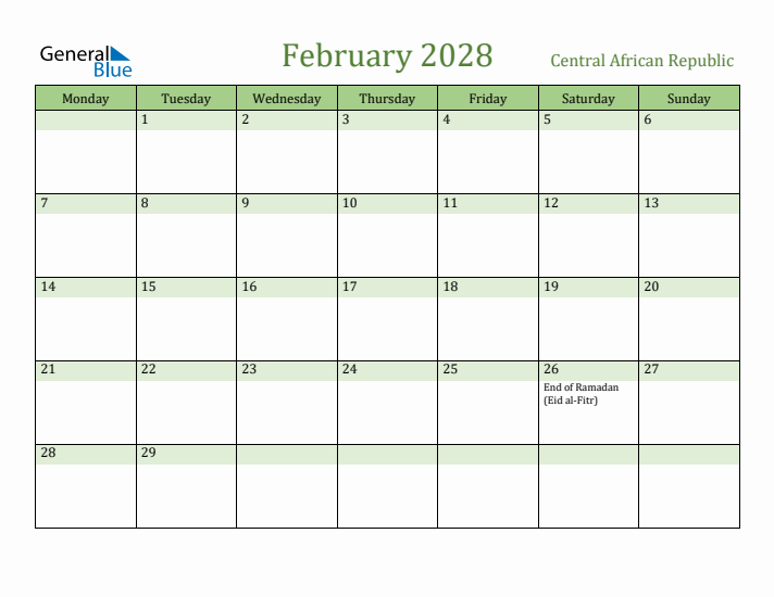 February 2028 Calendar with Central African Republic Holidays