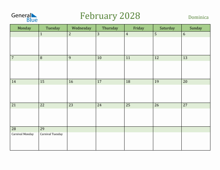 February 2028 Calendar with Dominica Holidays