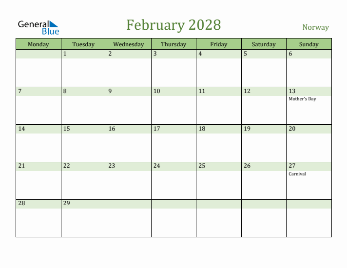 February 2028 Calendar with Norway Holidays