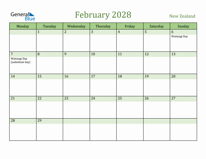 February 2028 Calendar with New Zealand Holidays