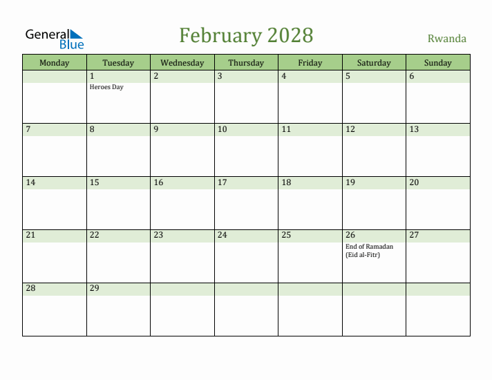 February 2028 Calendar with Rwanda Holidays