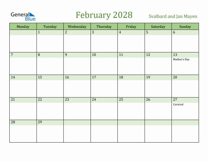 February 2028 Calendar with Svalbard and Jan Mayen Holidays