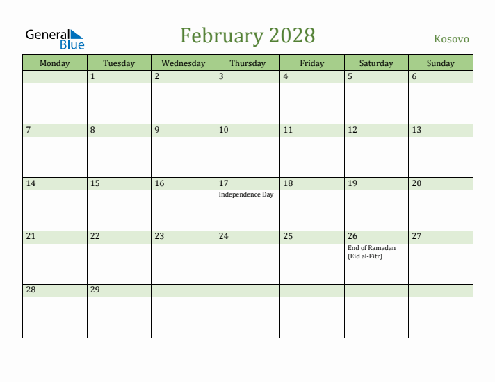 February 2028 Calendar with Kosovo Holidays