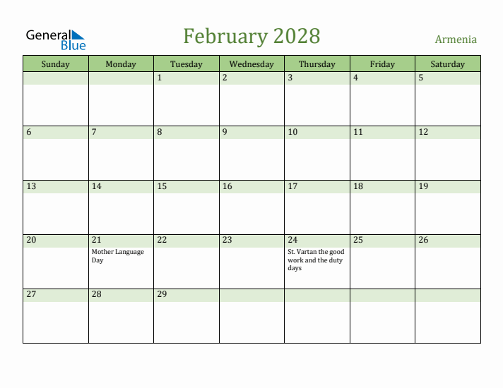 February 2028 Calendar with Armenia Holidays