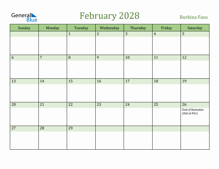 February 2028 Calendar with Burkina Faso Holidays