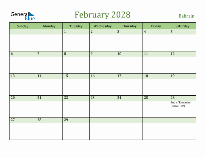 February 2028 Calendar with Bahrain Holidays