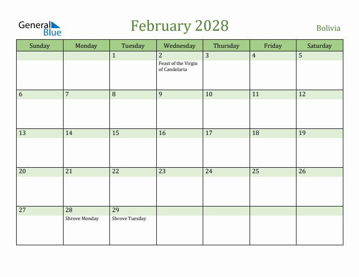 February 2028 Calendar with Bolivia Holidays