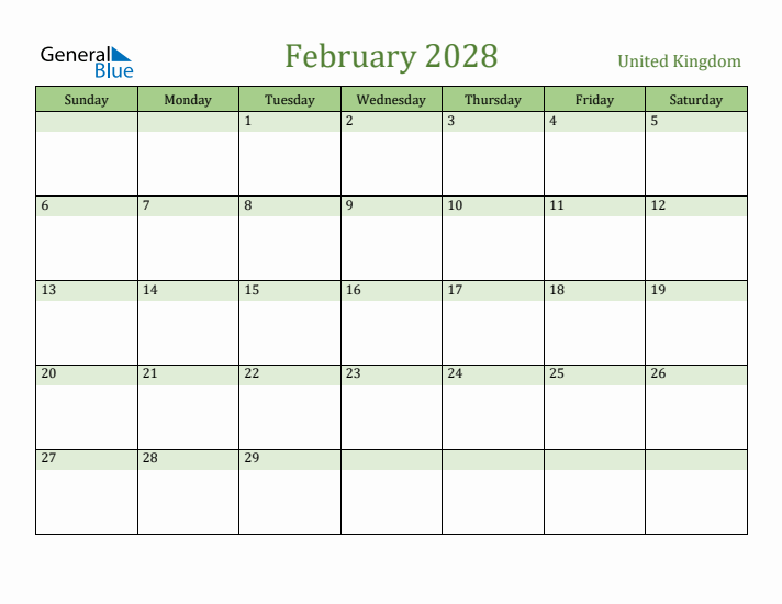 February 2028 Calendar with United Kingdom Holidays