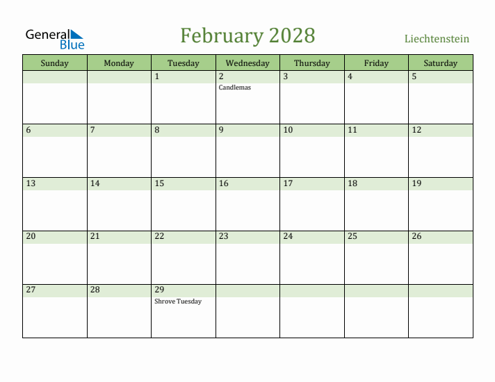 February 2028 Calendar with Liechtenstein Holidays