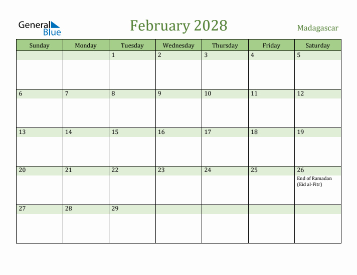 February 2028 Calendar with Madagascar Holidays