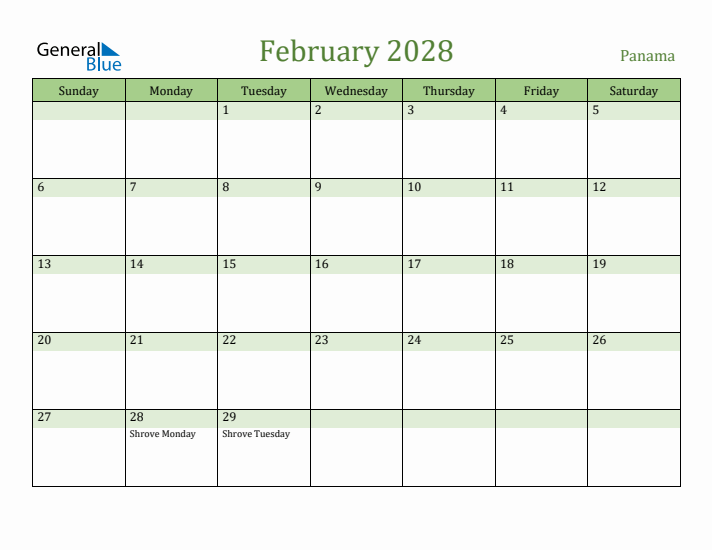 February 2028 Calendar with Panama Holidays