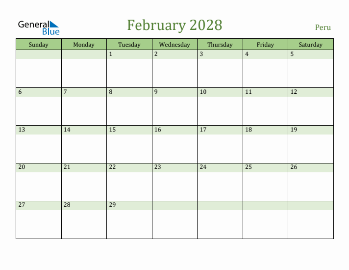 February 2028 Calendar with Peru Holidays