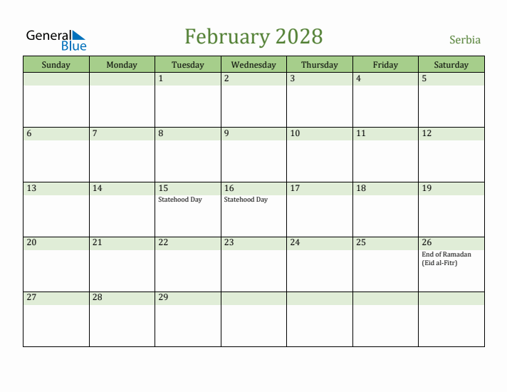 February 2028 Calendar with Serbia Holidays