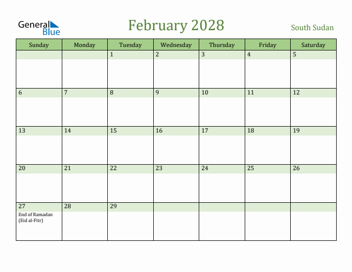 February 2028 Calendar with South Sudan Holidays