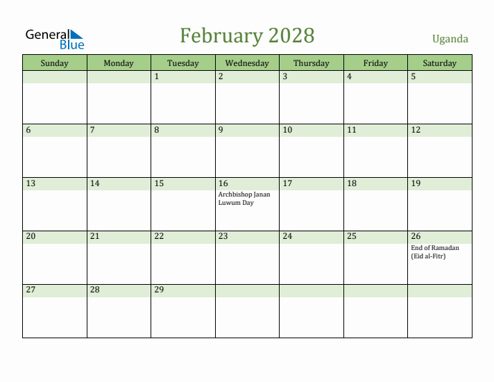 February 2028 Calendar with Uganda Holidays