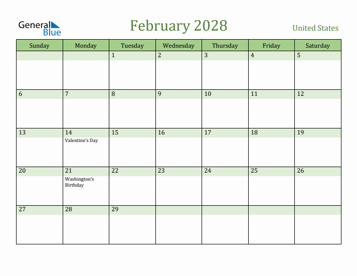 February 2028 Calendar with United States Holidays