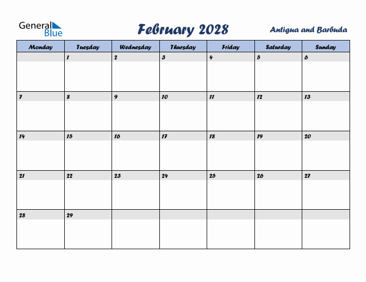 February 2028 Calendar with Holidays in Antigua and Barbuda