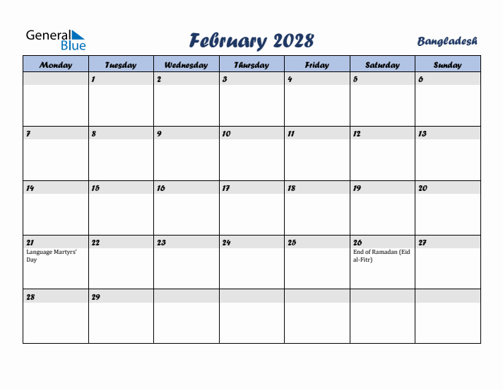 February 2028 Calendar with Holidays in Bangladesh