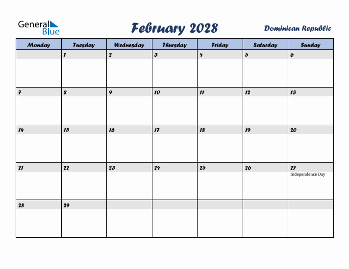 February 2028 Calendar with Holidays in Dominican Republic