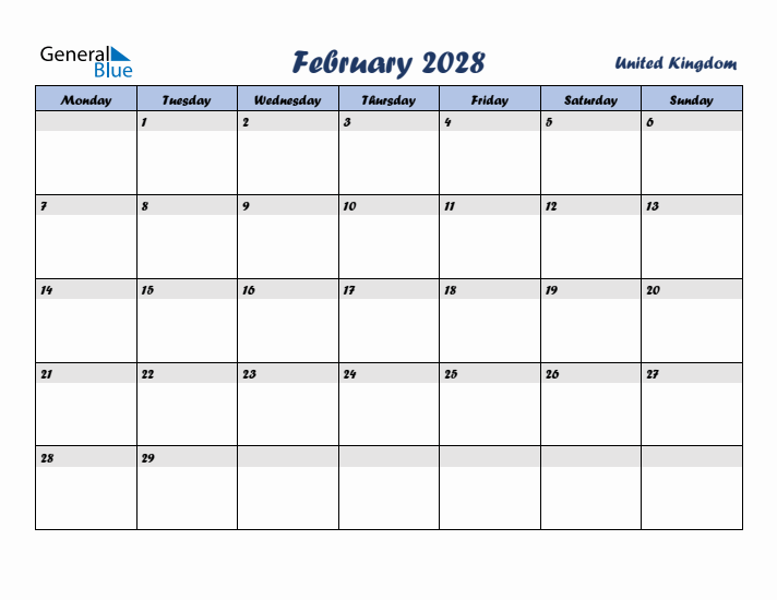 February 2028 Calendar with Holidays in United Kingdom