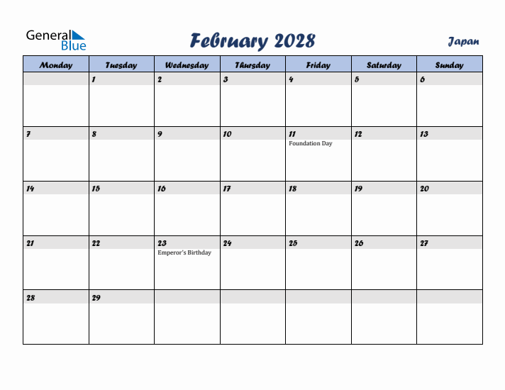 February 2028 Calendar with Holidays in Japan